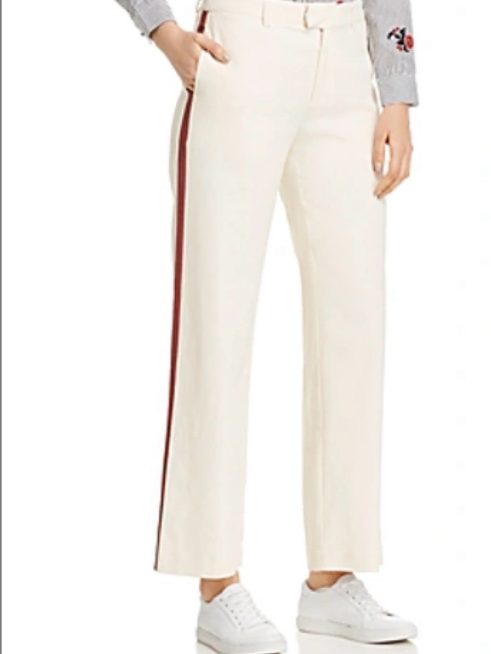 Wide Leg Cream Pants with Maroon Side Stripe